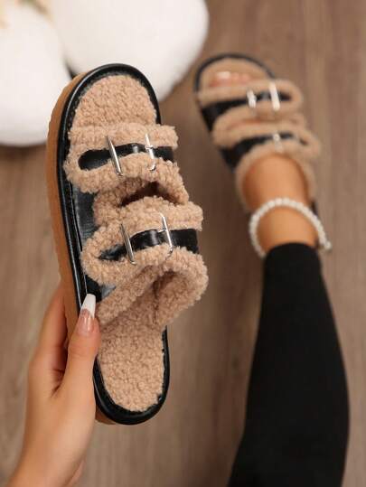 Ciabatte donna alla moda con punta aperta e imbottitura soffice, pantofole da casa confortevoli per l'autunno/inverno