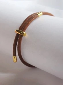 BLKSMTH Women's Leather Simple 18K Gold Plated Expandable Leather Bracelet - Camel - View 2