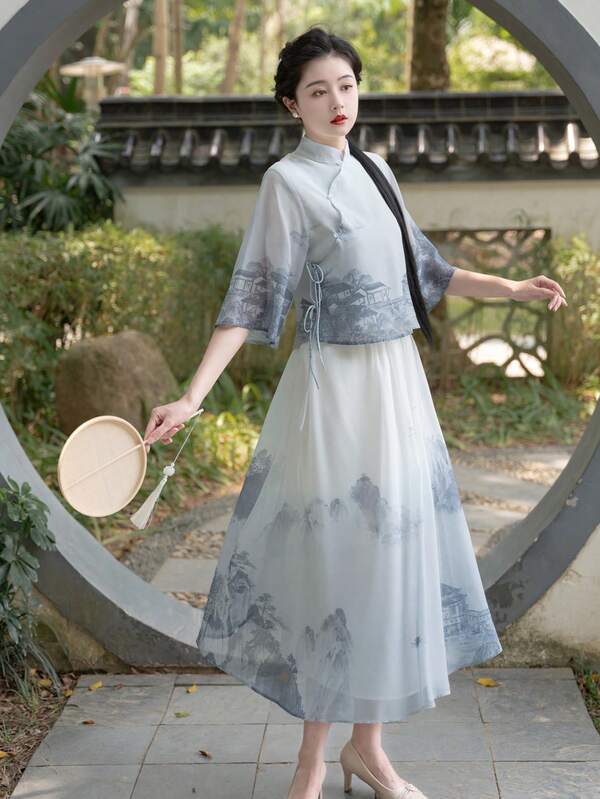 Spring Vintage Chinese Style Tang Dynasty Ombre Printing Improved Han Elements Lady For Chinese Newyear, Daily, Street, Commuting, Home And Other Occasions To Wear Hanfu Tops(TOPS ONLY)