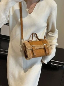 Túi xách da lộn khâu nhung cổ điển mới cho mùa thu đông, thiết kế khóa đinh tán, túi xách vuông, thích hợp cho mua sắm mùa thu đông, sử dụng trong tiệc tùng. - Xem 2