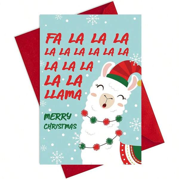 1 szt. Fa La La La Llama Zabawna kartka świąteczna, Wesoła kartka świąteczna dla przyjaciół rodziny, Wesoła kartka świąteczna z kopertą, Szczęśliwego Nowego Roku kartka z życzeniami