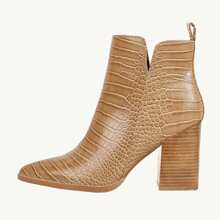 Women's V Cut Ankle Boots Pointed Toe Stacked Chunky Heel Side Zipper Leather Cutout Western Booties Christmas Gift & New Year Gift - nâu nhạt - Xem 2