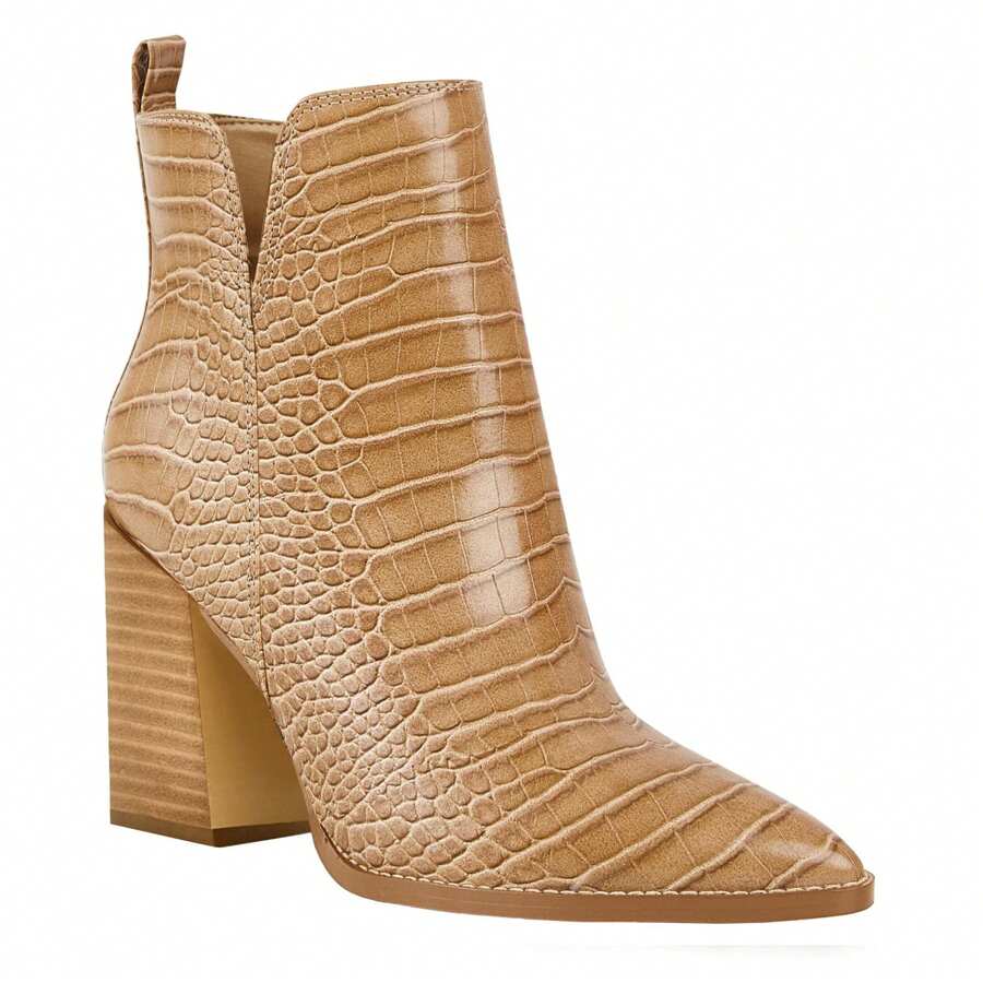 Women's V Cut Ankle Boots Pointed Toe Stacked Chunky Heel Side Zipper Leather Cutout Western Booties Christmas Gift & New Year Gift - nâu nhạt - Xem 1