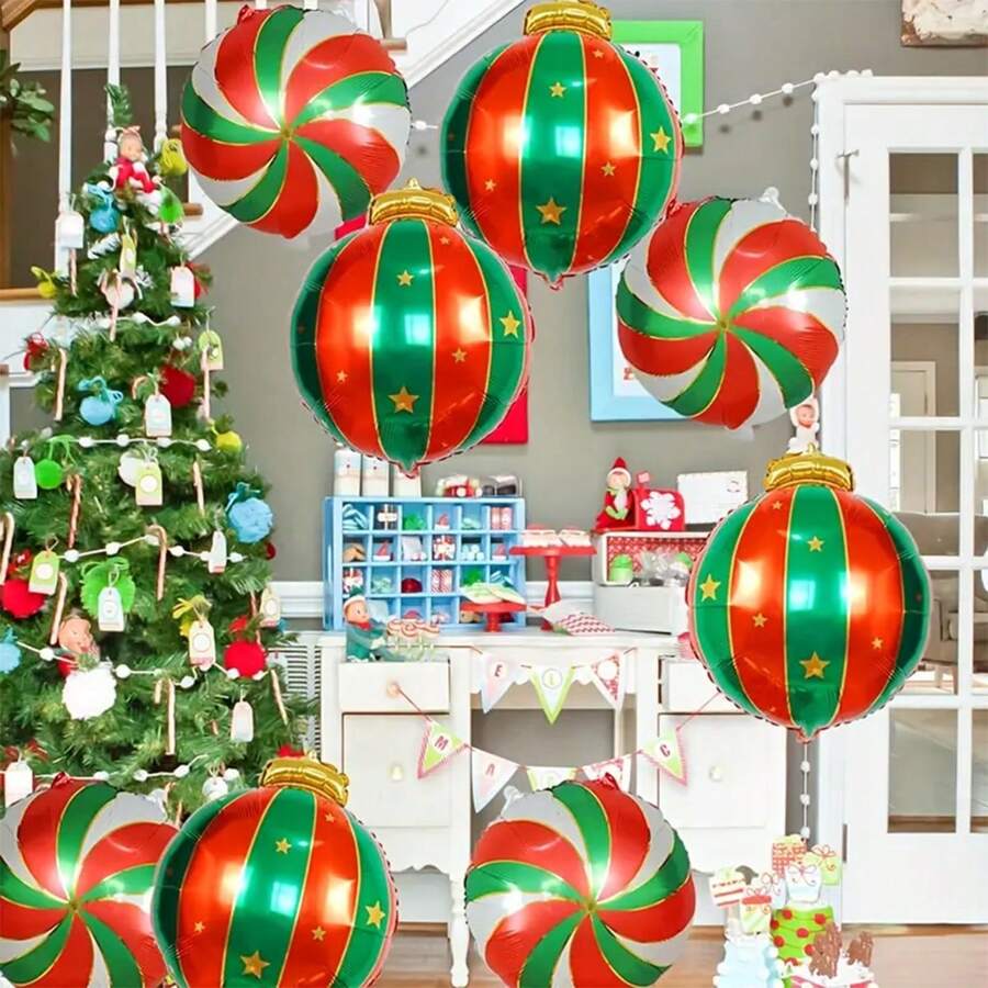 4-Piece/8-Piece Set Of Christmas Aluminum Foil Balloons, Large Christmas Decoration Balloons With Ribbons And Colorful Ribbons, Suitable For Christmas Party Decoration, Birthday Christmas Decoration, New Year's, Room Decoration