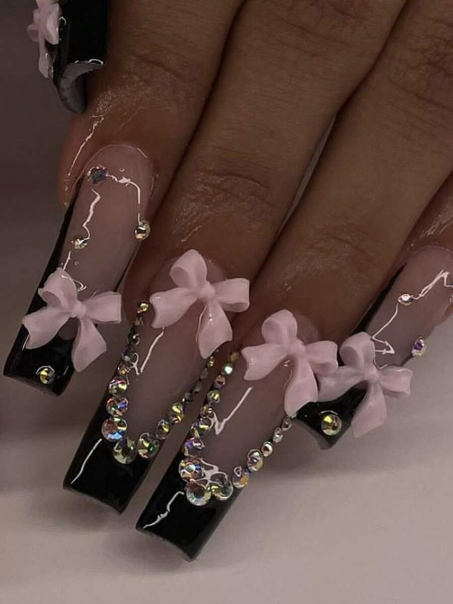 24 cái/bộ đầu móng tay dài hình quan tài có trang trí nơ thanh lịch, móng tay giả bóng đính đá nhiều màu, trang phục thời trang cho phụ nữ và trẻ em gái. Bao gồm keo dán móng tay và dũa, bộ móng tay có thể tháo rời - màu đen - Xem 1