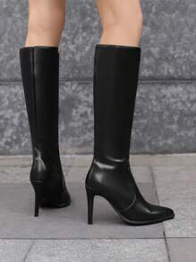 黑色尖头过膝长靴，带侧拉链，PU 皮革袜靴，基本款女靴 - 黑色 - 查看 4