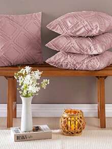 Kit Of 4 Pillow Covers In Percale 300 Thread Count With 3D Details 45cm X 45cm And 60cm X 30cm With Zipper - Aveline - 乾枯玫瑰色 - 查看 2