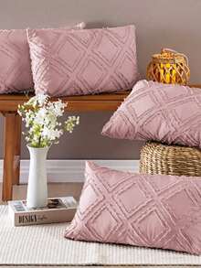 Kit Of 4 Pillow Covers In Percale 300 Thread Count With 3D Details 45cm X 45cm And 60cm X 30cm With Zipper - Aveline - 乾枯玫瑰色 - 查看 5