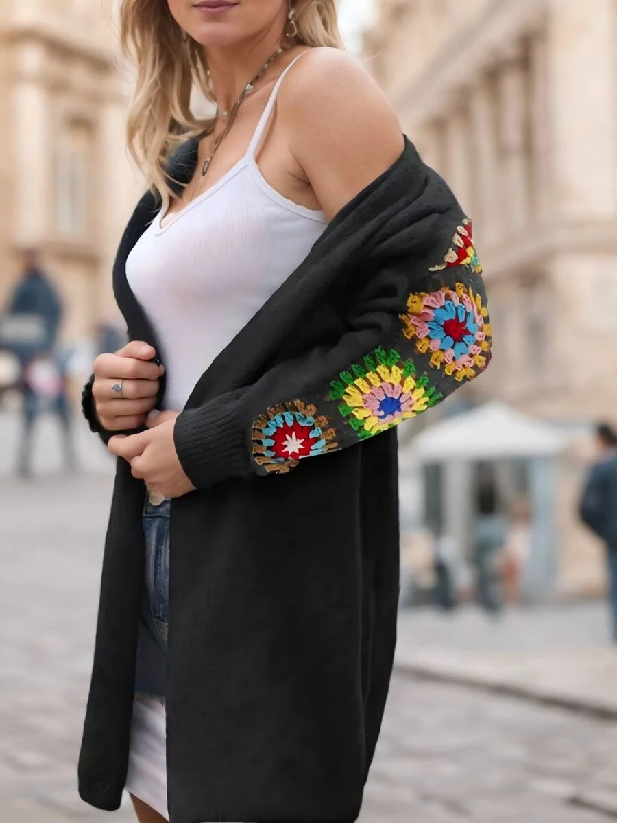 Women's Casual Solid Color Crochet Flower Long Cardigan Sweater Coat, Suitable For Daily Wear And Commuting (Flower Color Random), Autumn/Winter - Black - View 1