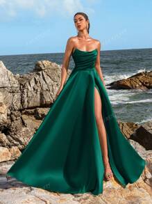 Faeriesty Elegant Strapless Ruched Bodice High-Slit Evening Gown Spring/Summer Formal Dress For Weddings, Party Dress, Wedding Guest Dress