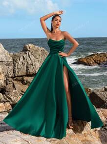 Faeriesty Elegant Strapless Ruched Bodice High-Slit Evening Gown Spring/Summer Formal Dress For Weddings, Party Dress, Wedding Guest Dress