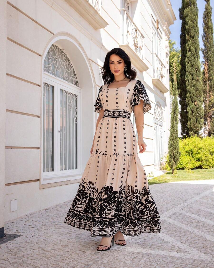 Steve Store Women's Fashion Long Printed Dress With Short Sleeves Viscose Fabric One Size - 黑色 - 查看 1