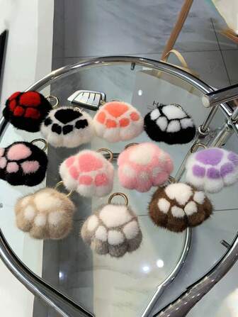 1pc Cute Cat Claw Faux Mink Fur Charm, Bag/Car Keychain Accessory