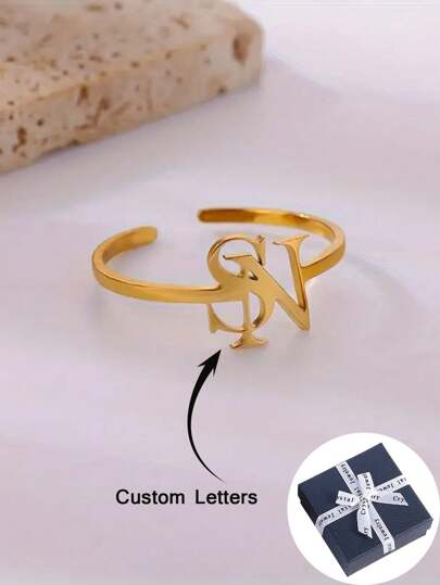 Custom Initial Ring Simple Customized Letter Open Ring For Women Men Wedding Engagement Party Accessories Gifts Bridesmaid Gifts Valentine's Day Gifts Christmas Gifts For Couples For Her Him