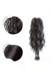 Ombre Pink High Ponytail Boxer Braids Synthetic Hair Extensions With Water Wave Texture And Colorful Clip-Ins - Blue Highlight - View 5