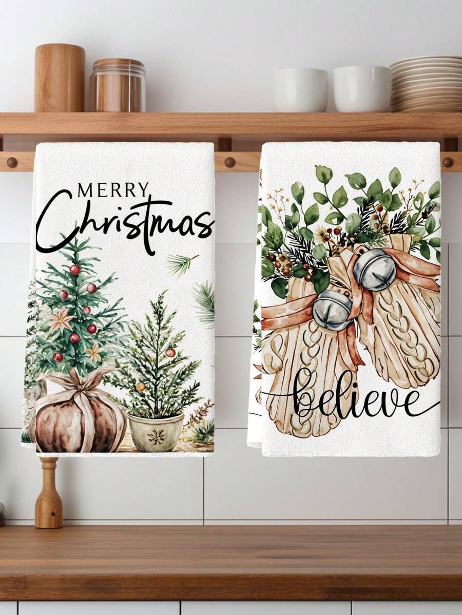 2 Pcs Christmas Kitchen Towels Buffalo Plaid Dish Towels Kitchen Washing Dishes Hand Tea Towels - White - View 1