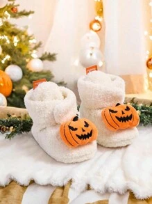 万圣节白色南瓜新生儿婴儿女孩男孩保暖羊毛冬季短靴初学步拖鞋 - 白色 - 查看 4