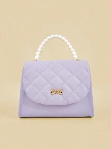 1个女童时尚公主风绗缝金属蝴蝶结珍珠迷你手提包，配链条肩带，适合日常外出和搭配服装 - A - 查看 9