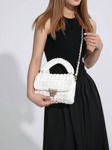 1 chiếc túi Tote dệt tay quai trắng, cầm tay/đeo vai/đeo chéo, sức chứa lớn, dây xích có thể tháo rời, thích hợp cho tiệc tùng/quà tặng - trắng - Xem 3