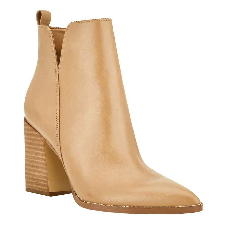 Women's V Cut Ankle Boots Pointed Toe Stacked Chunky Heel Side Zipper Leather Cutout Western Booties Christmas Gift & New Year Gift - 卡其色 - 查看 1