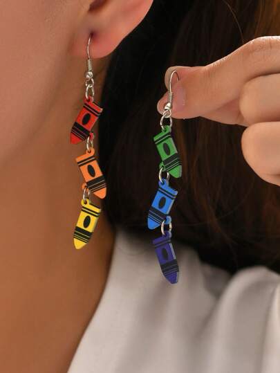 1pair Cartoon Crayon Shaped Pendant Earrings, Great For Teacher Gifts, Colorful Wooden Tassel Design, Perfect For Parties, Back To School, Teacher's Day