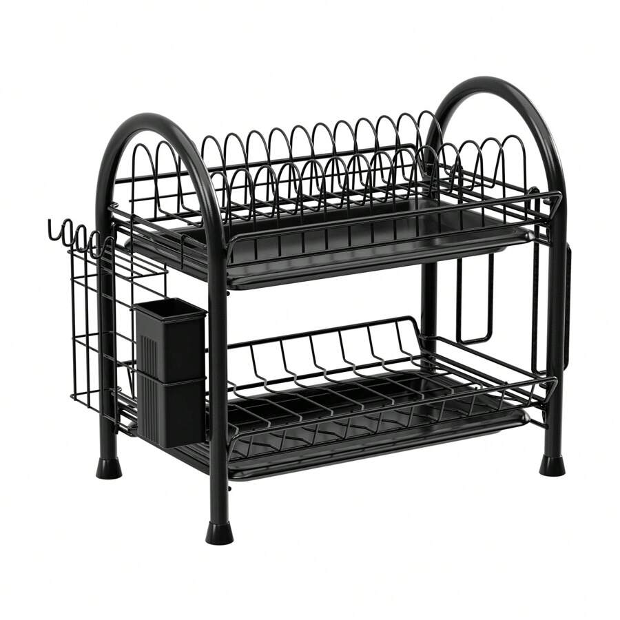 Escurridor de platos de 2 niveles con marco tubular redondo, soporte de platos para gabinete de cocina - Negro - Ver 1