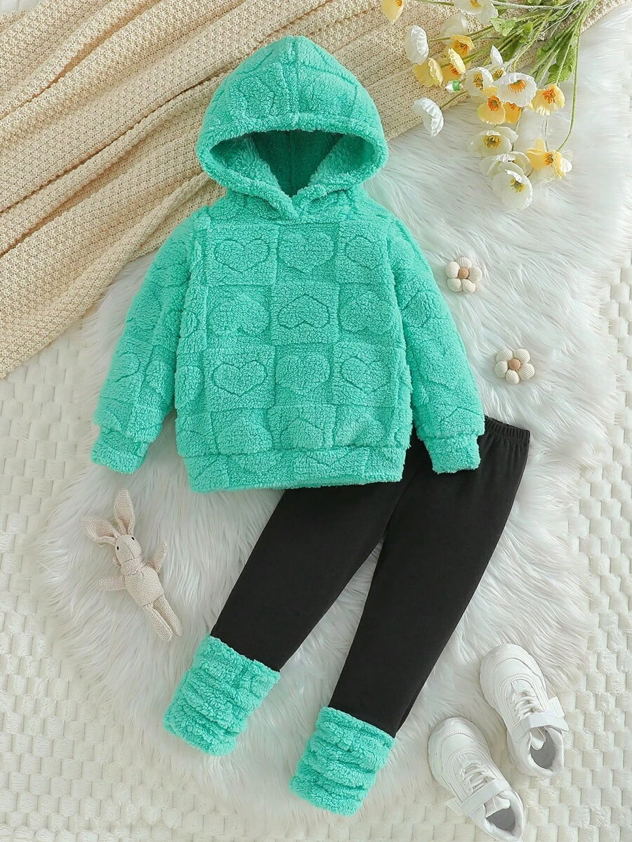 Young Girl' Comfortable Hooded Sweatshirt And Solid Color Thermal Lined Casual Leggings 2Pcs Outfit For Daily Wear, Winter - Green - View 1