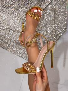 Damskie modne złote luksusowe retro wysokiej jakości szpilki na wysokim obcasie, efektowne PVC miękkie brokatowe paski na kostkę zdobione złotymi cienkimi sandałami na obcasie, odpowiednie na codzienne wyjścia, wesele, imprezę, ceremonię ukończenia szkoły, wydarzenia w stylu vintage