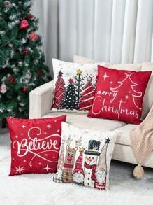 4pcs 45*45cm Decorative Pillowcase Linen Square Cushion Cover, Snowman&EIK& Tree Style Soft Pillow Cover For Party Home Room Sofa Chair Decorations Xmas Ornament, Pillow Core Not Included, Gifts, Decor, Back To School Home Decor Christmas Decorations Room Decor Christmas
