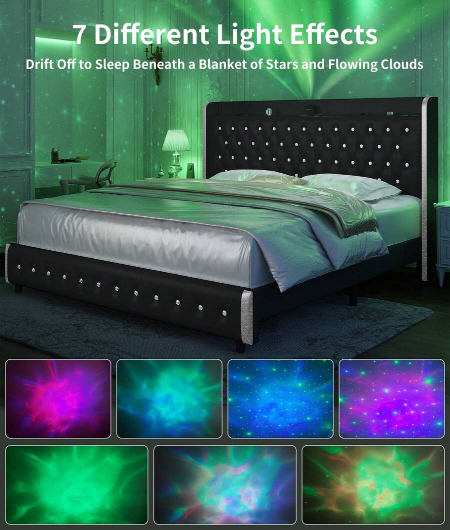 Queen LED Bed Frame With Galaxy Projector, Bluetooth Speakers, USB