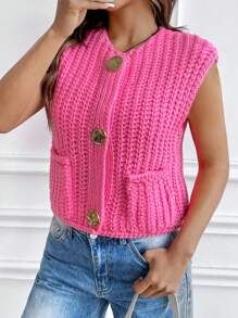 Women's Fashion Sleeveless Short Solid Button Knit Cardigan With Pockets - Hot Pink - View 3