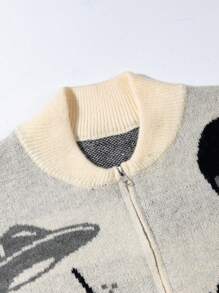 ANDREILEE Casual Loose Fit V-Neck Alien Graphic Long Sleeve Sweater, Versatile Streetwear For Men And Women, Suitable For Spring, Autumn And Winter - Apricot - View 3