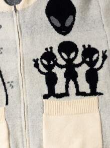 ANDREILEE Casual Loose Fit V-Neck Alien Graphic Long Sleeve Sweater, Versatile Streetwear For Men And Women, Suitable For Spring, Autumn And Winter - Apricot - View 6