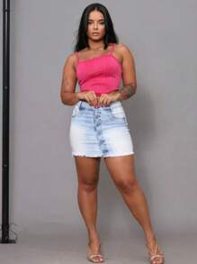 Women's Light Blue High Waisted Denim Skirt With Buttons Premium Hot Pants - 淺色水洗藍 - 查看 4