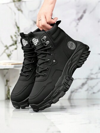 Men's Boots, Personalized Retro British Style Boots, Anti-Slip Waterproof High-Top Hiking Boots, Black, Comfortable And Soft, Suitable For Daily Wear, Outdoor Hiking, Mountaineering