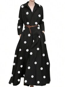 ZANZEA Womens V Neck Long Sleeve Polka Dot Long Dress Party Casual Pleated Loose A-Line Dresses - 黑色 - 查看 1