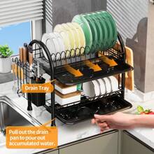 Escurridor de platos de 2 niveles con marco tubular redondo, soporte de platos para gabinete de cocina - Negro - Ver 6