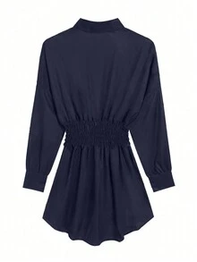 Women's Fashion Collared Shirt Dress, Solid Color Ruched Waist Long Sleeve Slim-Fit Lightweight Blouse Dress, Spring/Summer - Navy Blue - View 7