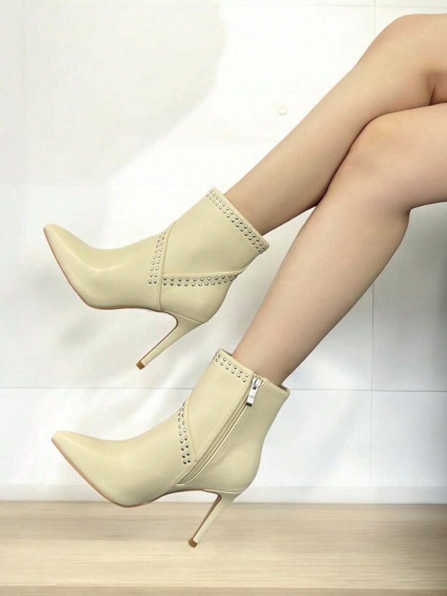 RevReaL Rivet Decor High Heel Ankle Boots - Black/Beige Fashion Pointed Toe Stiletto Boots - Beige - View 1