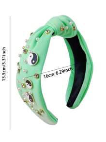 1 pieza Aro para el cabello con tela con motivo de Tai Chi y strass, accesorio de cabello versátil y personalizado estilo europeo y americano con nudo, adorno superior de calavera y cuenta