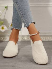 Women's Fashion New Solid Color Slip-On Soft Flat Elastic Knitted Casual Flat Loafers, Comfortable Breathable Everyday Mother Shoes, Walking Ladies Flats