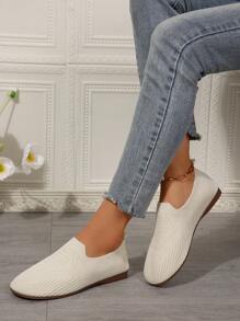 Women's Fashion New Solid Color Slip-On Soft Flat Elastic Knitted Casual Flat Loafers, Comfortable Breathable Everyday Mother Shoes, Walking Ladies Flats