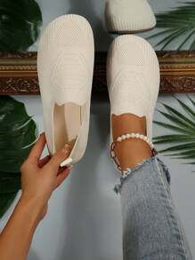 Women's Fashion New Solid Color Slip-On Soft Flat Elastic Knitted Casual Flat Loafers, Comfortable Breathable Everyday Mother Shoes, Walking Ladies Flats