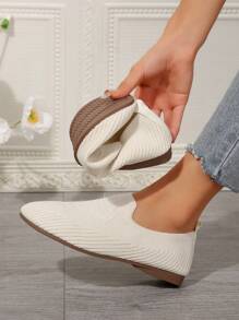 Women's Fashion New Solid Color Slip-On Soft Flat Elastic Knitted Casual Flat Loafers, Comfortable Breathable Everyday Mother Shoes, Walking Ladies Flats