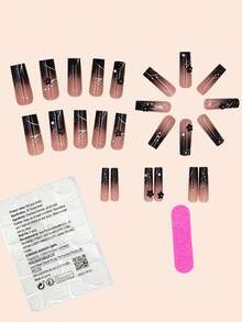 24 件中号方形按压式指甲套装可立即提升您的外观，简约优雅的黑色渐变银色条纹 3D 花朵水钻装饰假指甲，全覆盖假指甲，适合女性和女孩，包括 1 张粘合片和 1 个迷你锉刀条果冻凝胶，随机发货 - 黑色 - 查看 2