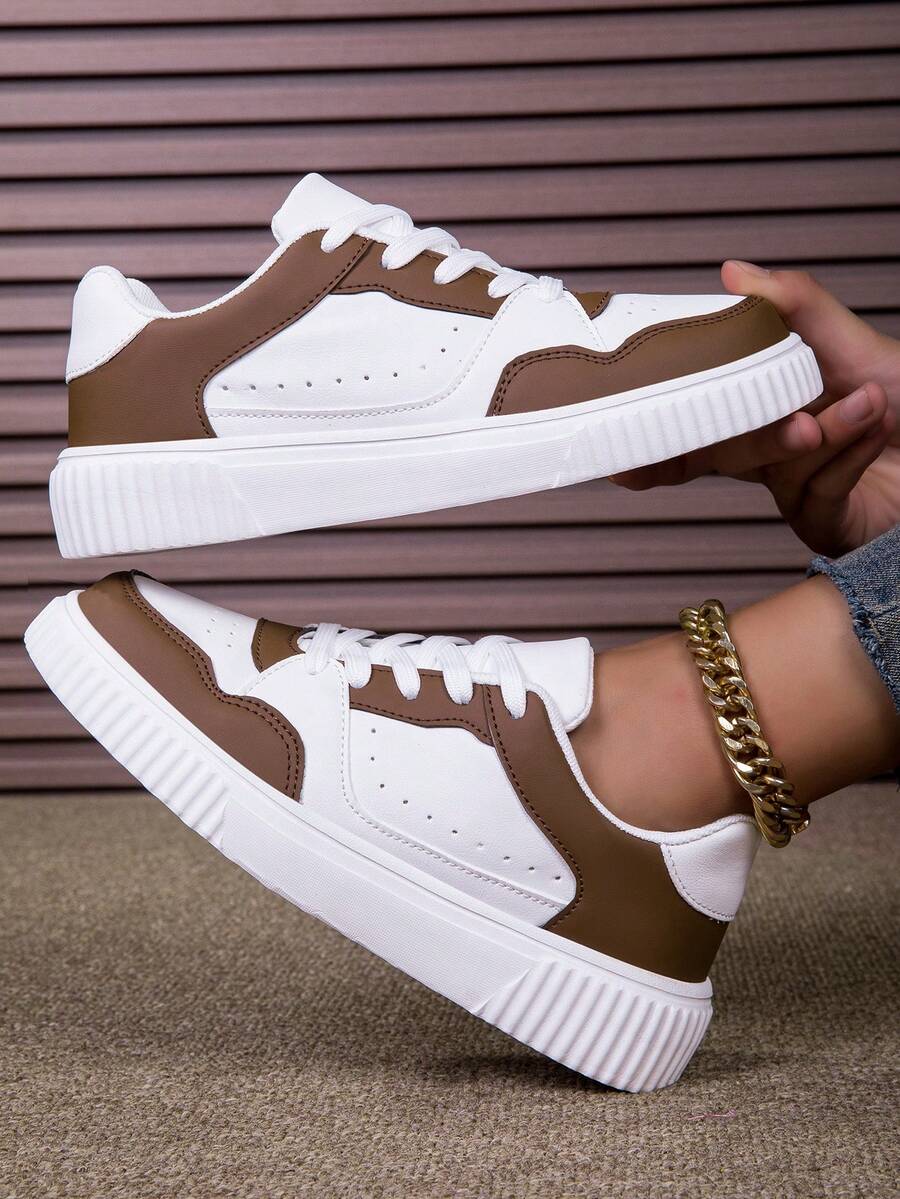 Women's Outdoor White Breathable Mesh Low-Top Lace-Up Thick Sole Skateboard Shoes, Campus Style Casual Fashion Sneakers - Cà phê nâu - Xem 1