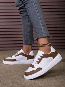 Women's Outdoor White Breathable Mesh Low-Top Lace-Up Thick Sole Skateboard Shoes, Campus Style Casual Fashion Sneakers - Cà phê nâu - Xem 3