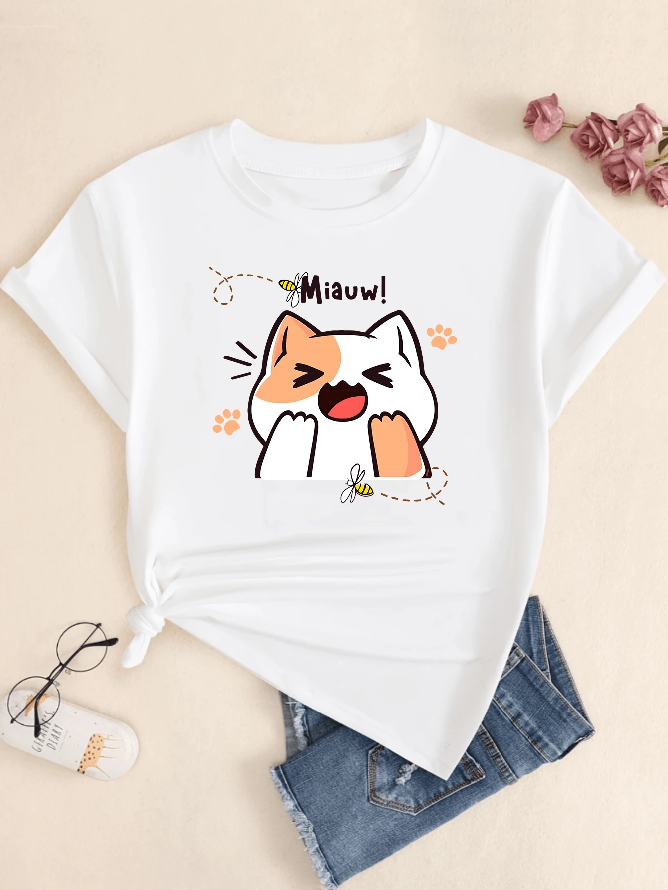 Kitten Afraid Of Meow Bee T-Shirt Women's Cotton Shirt - 白色 - 查看 1