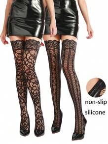 1 paire de bas hauts/cuissardes sexy noirs en jacquard pour femmes, avec motif en silicone antidérapant. Style résille, E-girl - Noir - Voir 1