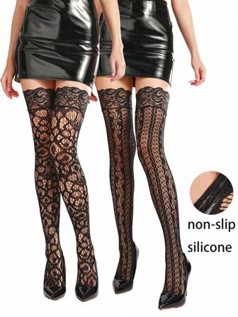1 Pair Women Black Sexy Jacquard Pattern Silicone Non-Slip Thigh High/Over-The-Knee Stockings, Fishnet, E-Girl